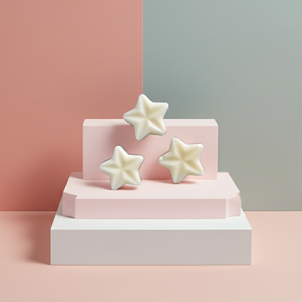 Star-shaped white soya wax melt scented with tones of cinnamon and apple on pink and gray geometric blocks