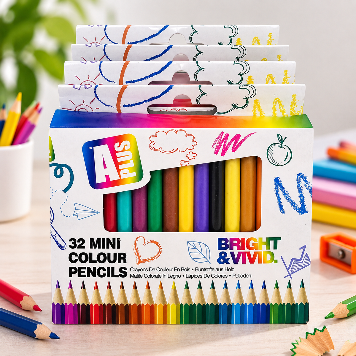A box of 32 mini colour pencils from A Plus Bright & Vivid, displayed on a light wooden desk with other colored pencils and drawing accessories around it.
