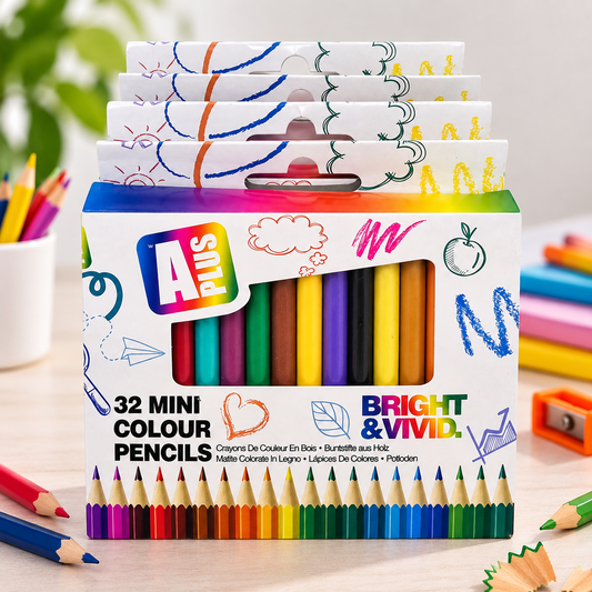 A box of 32 mini colour pencils from A Plus Bright & Vivid, displayed on a light wooden desk with other colored pencils and drawing accessories around it.