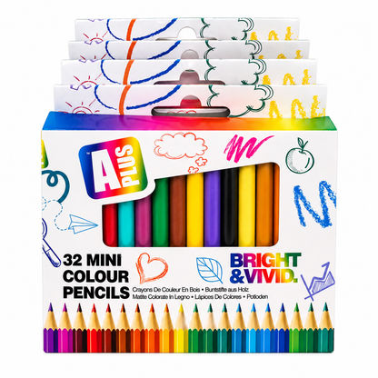 A retail display box of A Plus 32 Mini Colour Pencils, featuring a white cardboard packaging decorated with colorful scribbles and drawings, with a clear window showing the array of vibrant colored pencils inside.