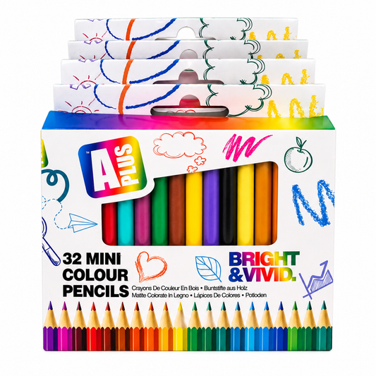 A retail display box of A Plus 32 Mini Colour Pencils, featuring a white cardboard packaging decorated with colorful scribbles and drawings, with a clear window showing the array of vibrant colored pencils inside.