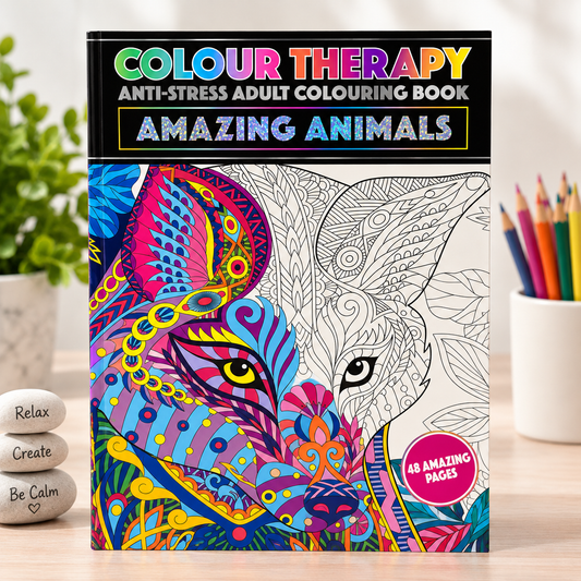 A boxed adult coloring book titled "Colour Therapy Anti-Stress Adult Colouring Book: Amazing Animals" stands on a tabletop. The front cover shows a stylized animal face split into colorful filled artwork on the left and black line art on the right, with a pink badge reading "48 Amazing Pages.