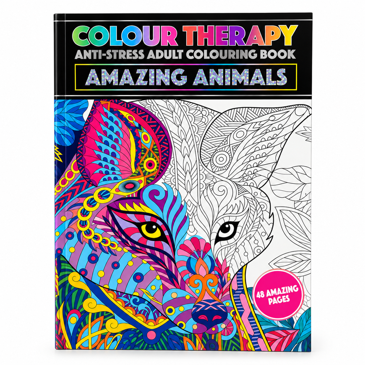 Front cover of the book 'Colour Therapy Anti-Stress Adult Colouring Book: Amazing Animals' showing a split animal face design, one side fully colored in bright psychedelic tones and the other side black-and-white line art, with a pink circular badge reading '48 Amazing Pages'.