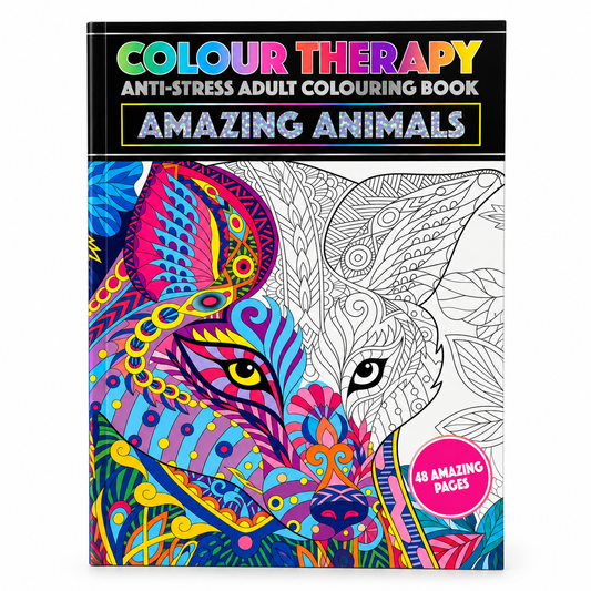 Front cover of the book 'Colour Therapy Anti-Stress Adult Colouring Book: Amazing Animals' showing a split animal face design, one side fully colored in bright psychedelic tones and the other side black-and-white line art, with a pink circular badge reading '48 Amazing Pages'.