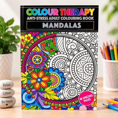 A hardcover coloring book titled 'Colour Therapy Anti-Stress Adult Colouring Book: Mandalas' stands on a light wood surface. The cover shows a split design with a colorful filled mandala on the left and black-and-white line art on the right.