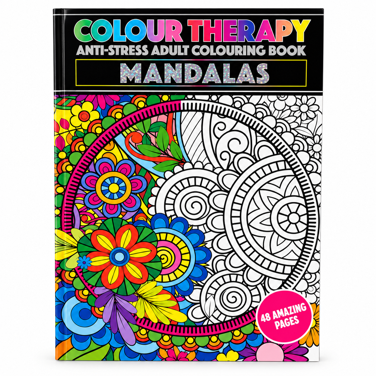 Colour Therapy Anti-Stress Adult Colouring Book: Mandalas, featuring a black cover with colorful title text and a split design showing a fully colored mandala on the left and an uncolored black-and-white template on the right.