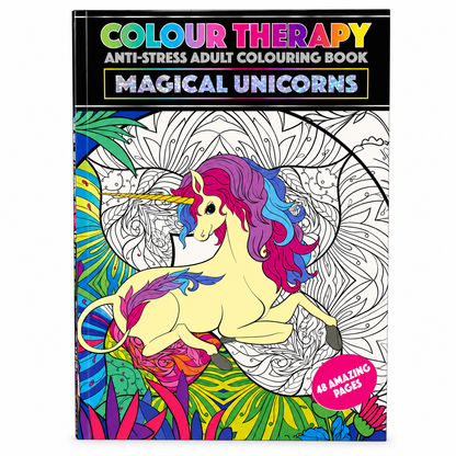 Front cover of a coloring book titled 'Colour Therapy Anti-Stress Adult Colouring Book: Magical Unicorns'. The cover features a colorful illustrated unicorn with a pink, purple, and blue mane and tail, set against a black header with multicolored text and a pink badge that says '48 Amazing Pages'.