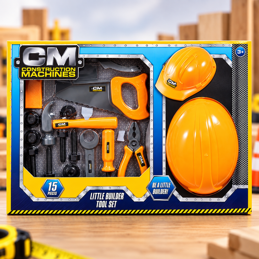 CM Construction Machines Little Builder Tool Set in its retail packaging, featuring orange toy tools and two orange hard hats inside a blue and yellow box.