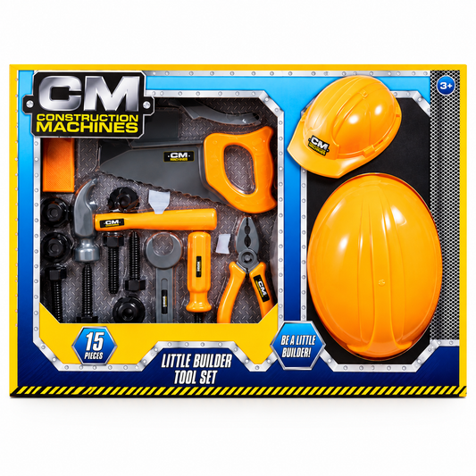 CM Construction Machines Little Builder Tool Set in retail packaging, featuring toy tools and two orange hard hats inside a blue and yellow box.