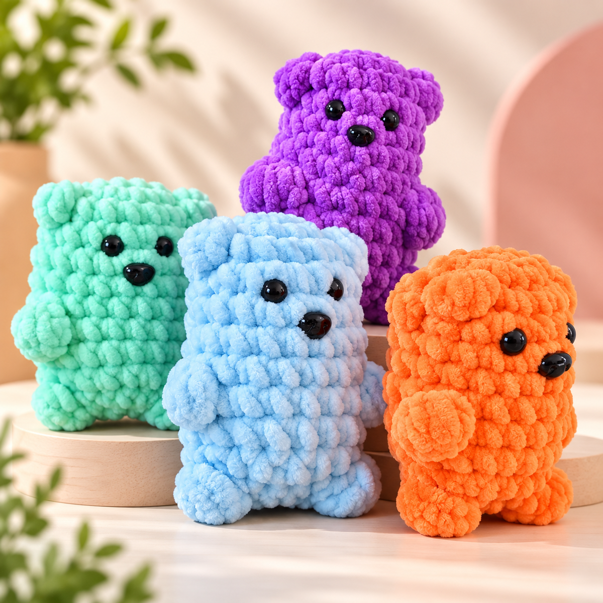 Four small plush bear toys made of chunky textured yarn, shown in mint green, light blue, purple, and orange. They have black bead eyes and noses and are arranged on light wooden risers against a soft beige background with blurred greenery.