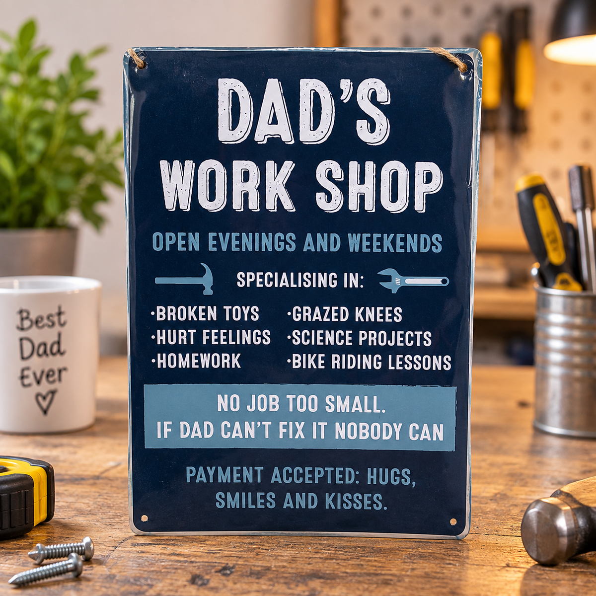 A rectangular metal sign with a dark navy blue background and white text reading 'Dad's Work Shop' and humorous job postings, displayed on a wooden workbench with tools and a mug in a workshop setting.