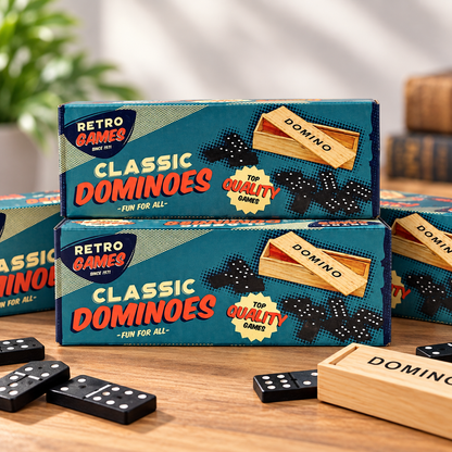 Two stacked boxes of Retro Games Classic Dominoes on a wooden table, with black dominoes and a wooden domino box scattered in front.