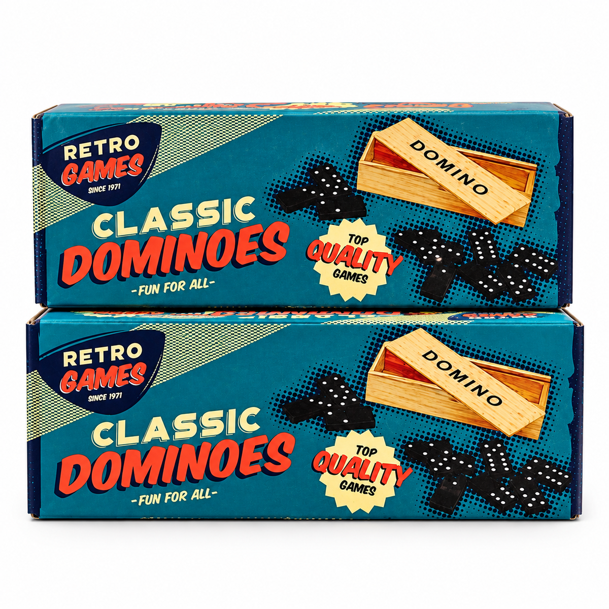 Two stacked boxes of Retro Games Classic Dominoes on a plain white background. The packaging features a retro teal design with red and white text, illustrations of wooden dominoes, and black dominoes.