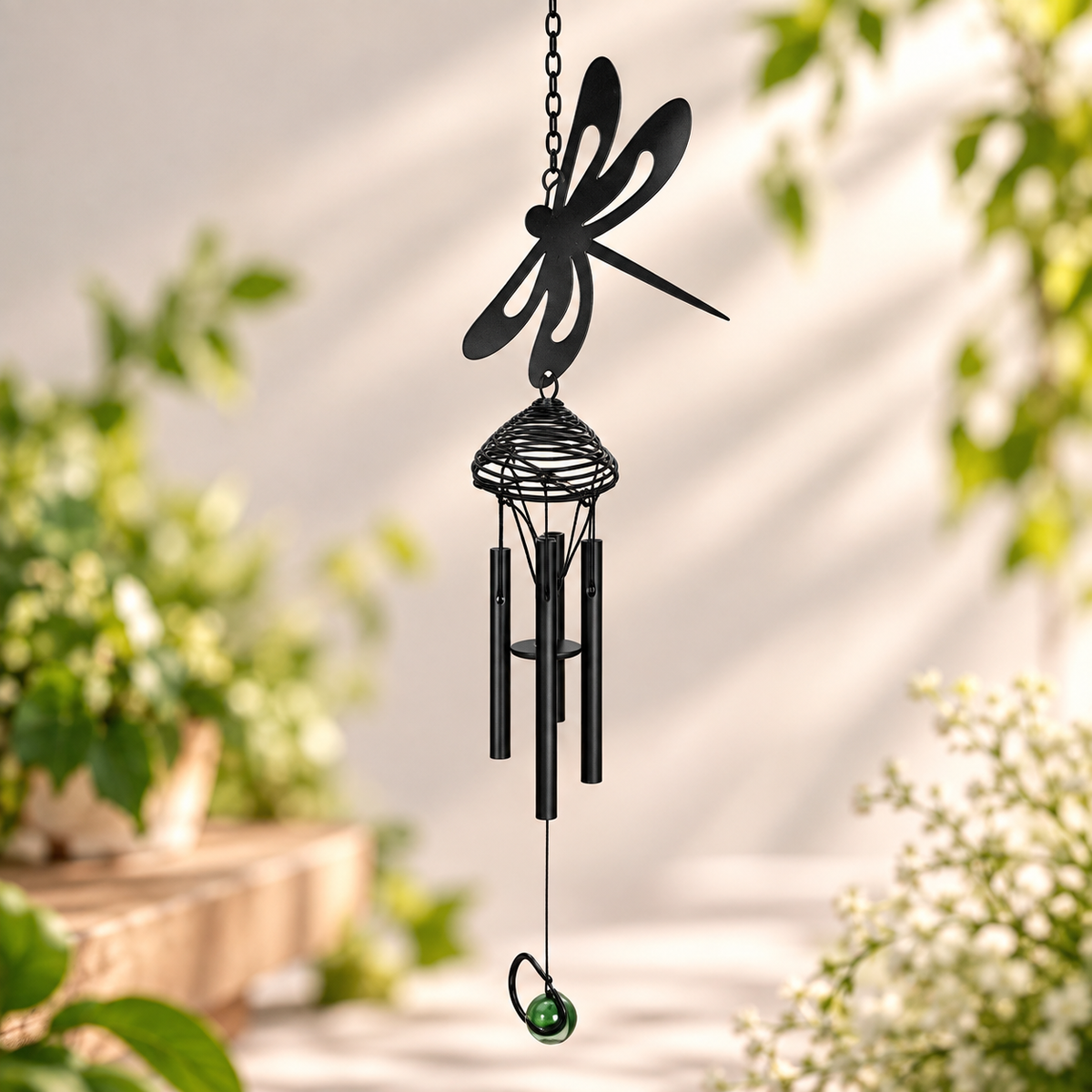 A black metal dragonfly wind chime hanging outdoors, with a green glass bead at the bottom, shown against a softly blurred garden background.