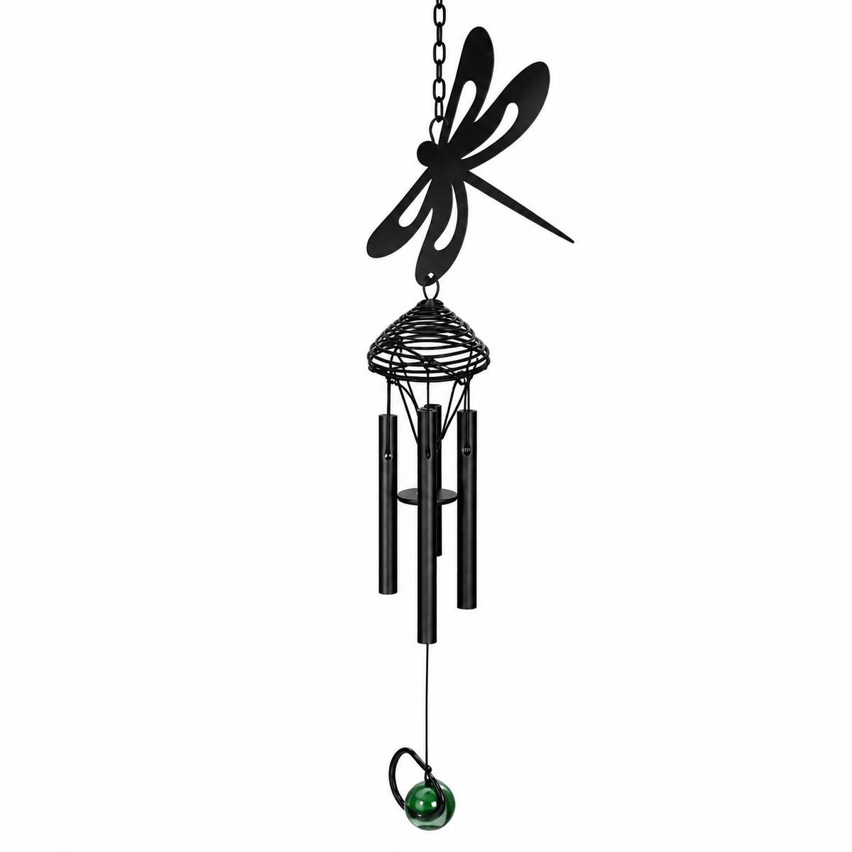 A black metal dragonfly wind chime hanging outdoors, with a green glass bead at the bottom, shown against a white background.