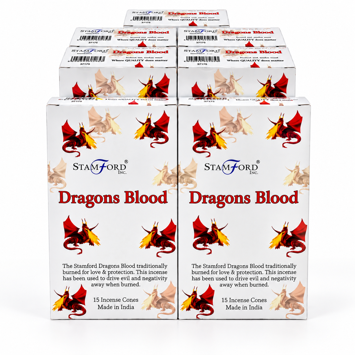 Six boxes of Stamford Incense Cones 'Dragons Blood' arranged in two rows on a plain white background. The packaging is white with illustrations of red and yellow dragons and red text.