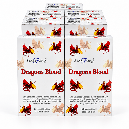 Six boxes of Stamford Incense Cones 'Dragons Blood' arranged in two rows on a plain white background. The packaging is white with illustrations of red and yellow dragons and red text.
