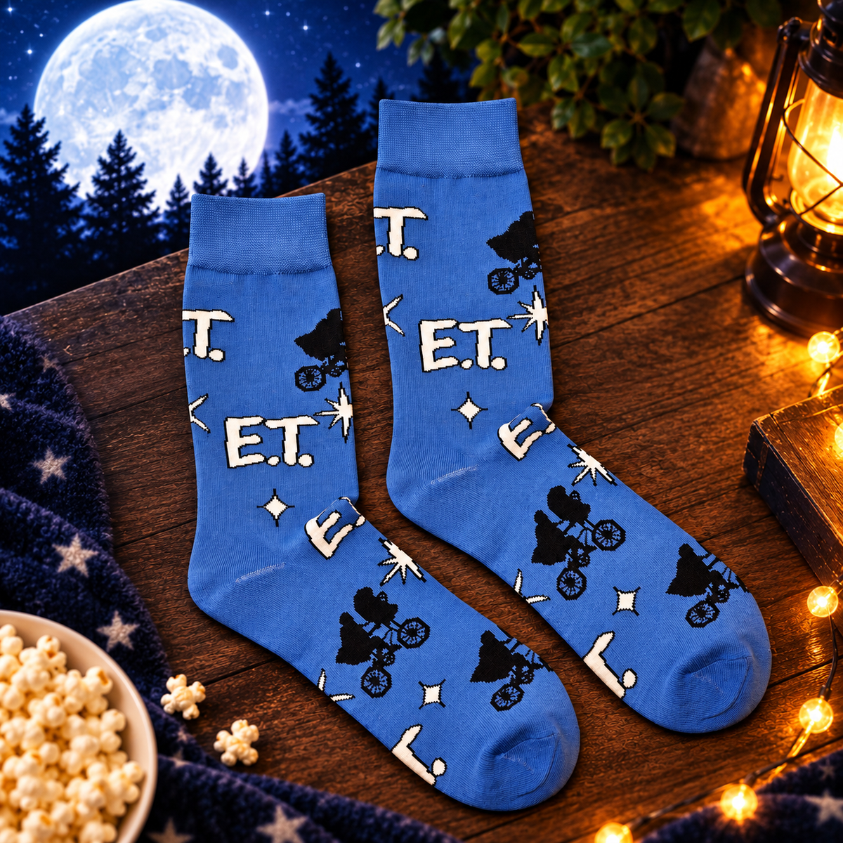 A pair of blue crew socks with an 'E.T.