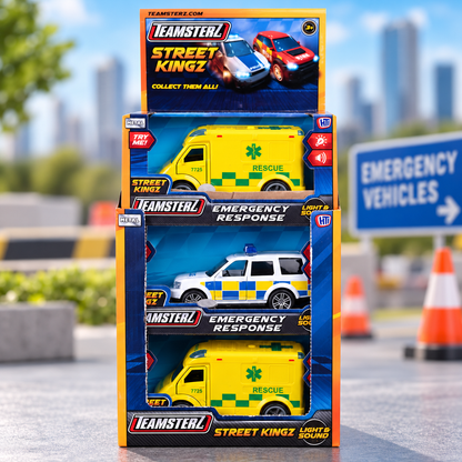 Teamsterz Street Kingz toy vehicle set in retail display packaging, featuring three toy emergency vehicles: a yellow ambulance, a white police car, and another yellow ambulance.