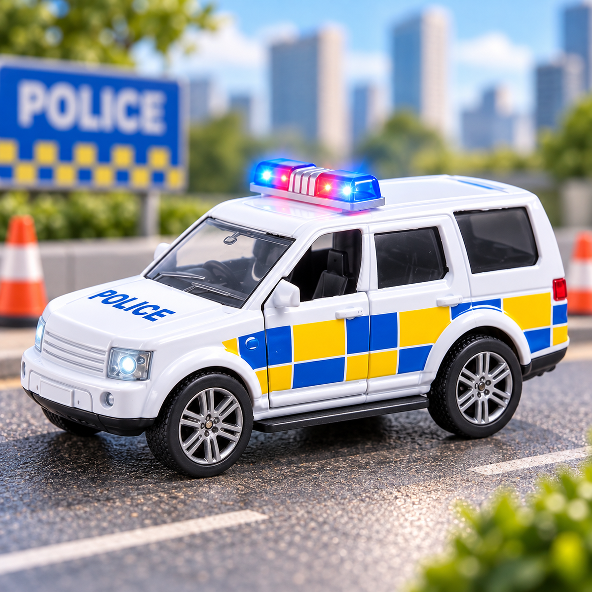 A white toy police SUV with blue and yellow checkered markings and a flashing blue and red light bar on top, shown on colourful city background.
