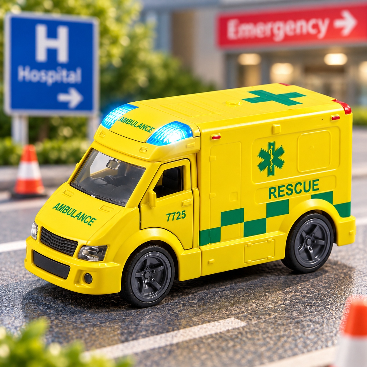 A yellow toy ambulance with green cross and checkered stripe details, blue flashing light accents on the roof, and 'AMBULANCE' and 'RESCUE' text, shown on a colourful city background.
