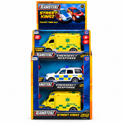 Teamsterz Street Kingz toy vehicle set in retail display packaging, featuring three toy emergency vehicles: a yellow ambulance, a white police car, and another yellow ambulance.