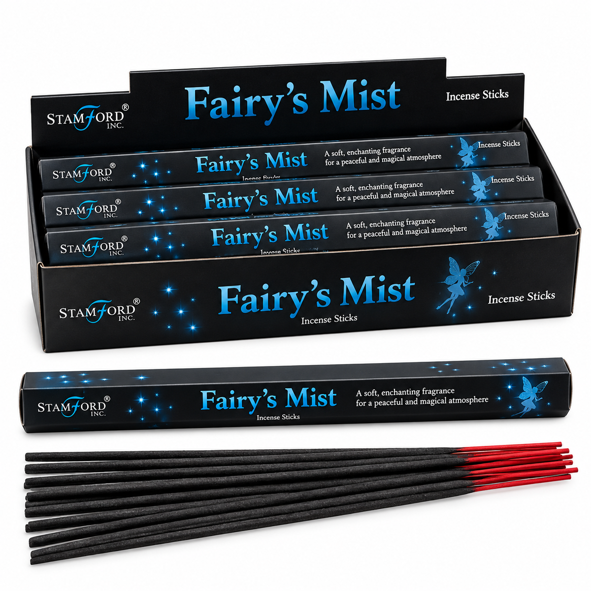 Fairy's Mist incense sticks by Stamford Inc., shown in a black display box, an individual package, and several loose sticks with red tips on a white background.