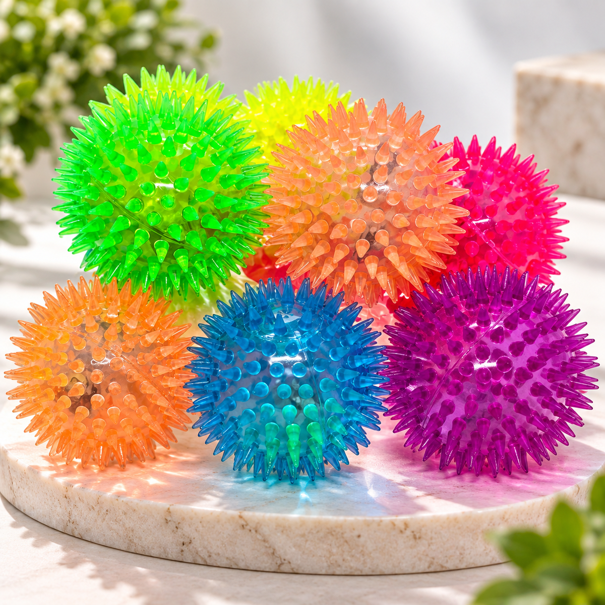 Colourful spiky balls that bounce and light up on a multicoloured background