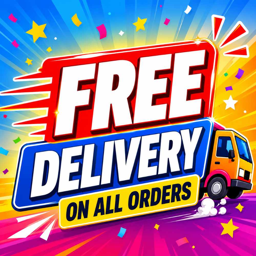 Promotional graphic with the words 'FREE DELIVERY ON ALL ORDERS' in large bold text over a colorful burst background with stars, confetti, and a small delivery truck illustration.