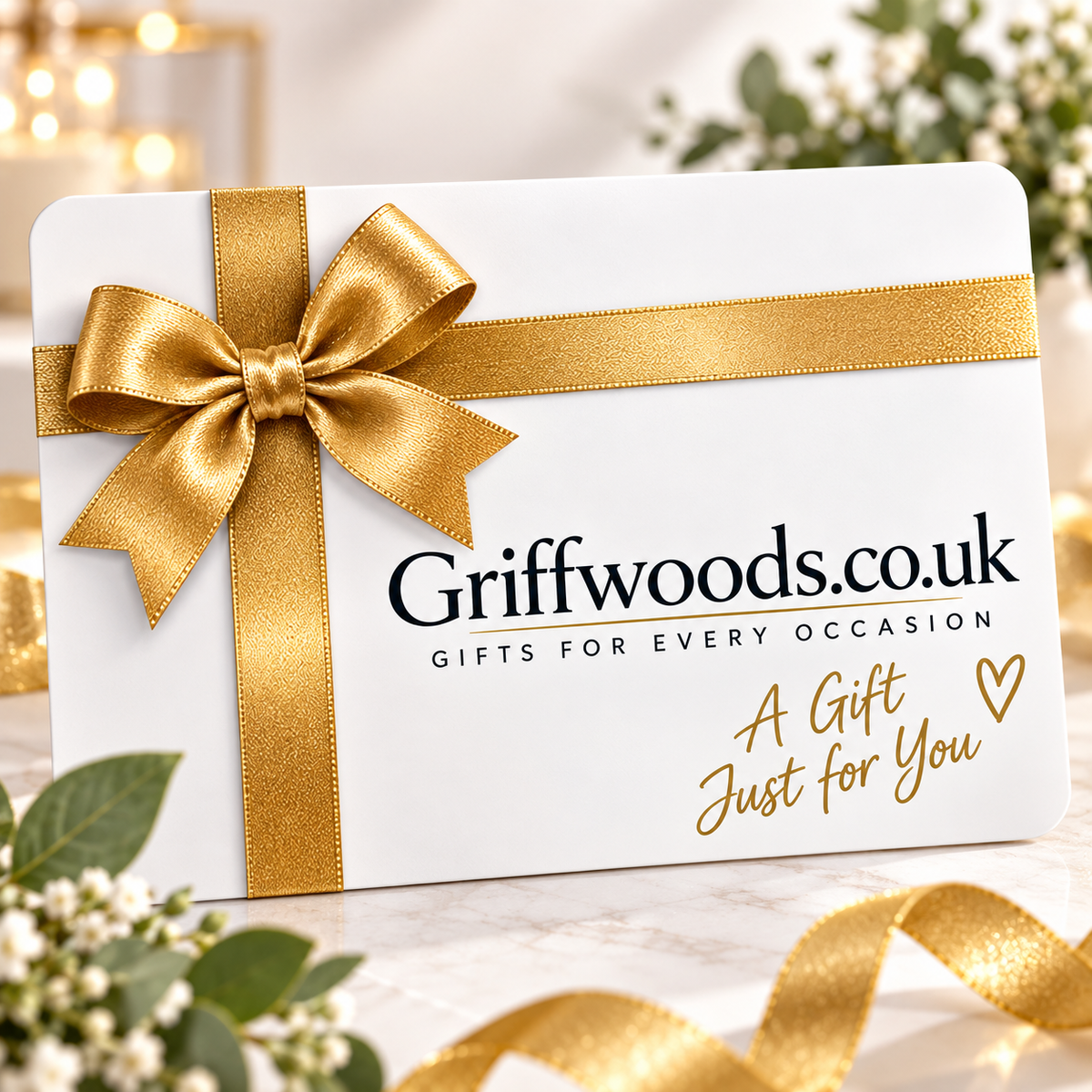 A white Griffwoods.co.uk gift card with a golden ribbon
