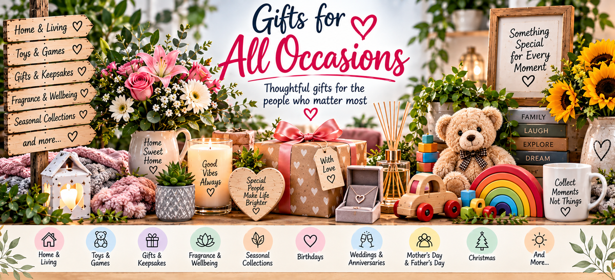 A wide, styled gift display banner with many gift items arranged on a table: wrapped presents, a teddy bear, a rainbow toy, flowers, candles, a wooden sign, books, a mug, and decorative accents. Large overlaid text reads 'Gifts for All Occasions' with smaller text below, and a row of category icons along the bottom.