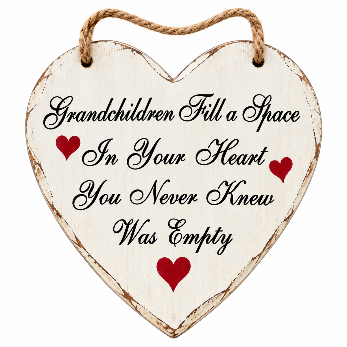 Heart-shaped wooden hanging plaque with a rustic distressed finish, featuring the quote 'Grandchildren Fill a Space In Your Heart You Never Knew Was Empty' in black script with red heart accents, suspended by a rope hanger on a white background.