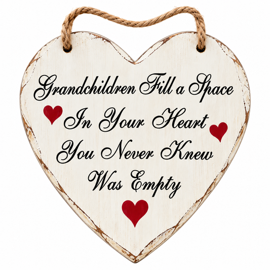 Heart-shaped wooden hanging plaque with a rustic distressed finish, featuring the quote 'Grandchildren Fill a Space In Your Heart You Never Knew Was Empty' in black script with red heart accents, suspended by a rope hanger on a white background.