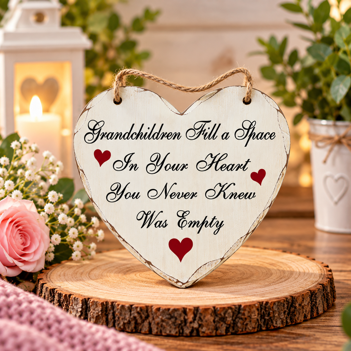 Heart-shaped wooden hanging sign with a rustic white finish and black script text reading 'Grandchildren Fill a Space In Your Heart You Never Knew Was Empty,' accented with small red hearts. The sign is displayed on a wood slice slice in a styled home setting with a candle, flowers, and greenery in the background.