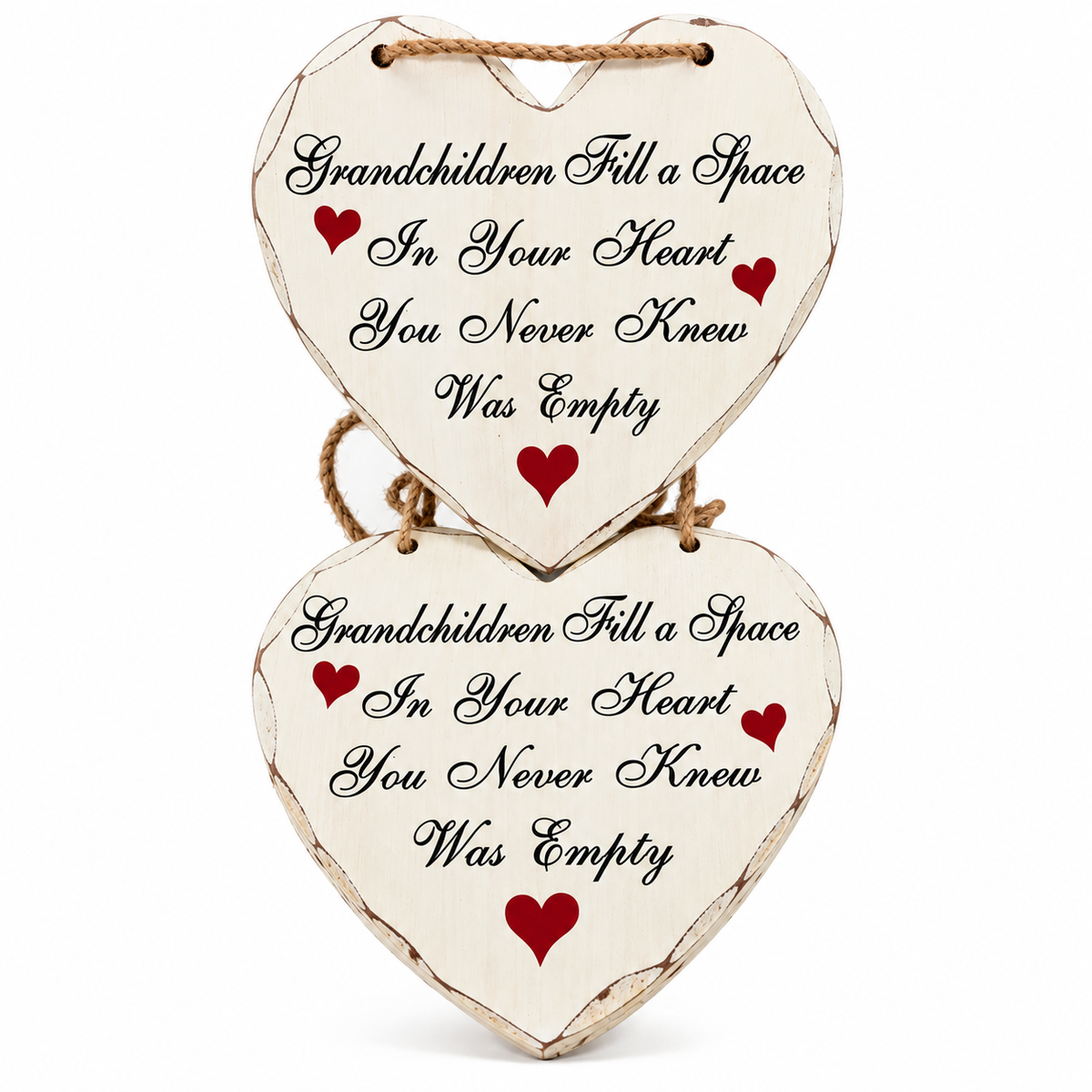 Two stacked heart-shaped wooden hanging plaques with rustic distressed edges, printed with the quote 'Grandchildren Fill a Space In Your Heart You Never Knew Was Empty' in black script, accented with small red hearts, shown on a white background.