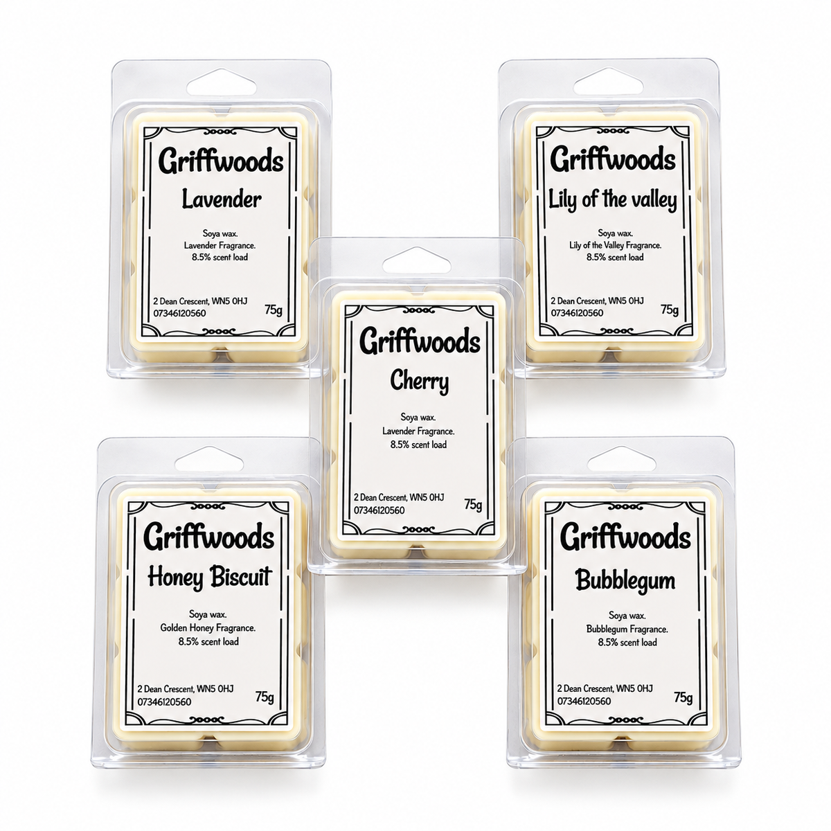 Five Griffwoods wax melts in clear plastic hangers arranged in a 2x2 grid with one centered in front. The labels show different scents: Lavender, Lily of the valley, Cherry, Honey Biscuit, and Bubblegum.