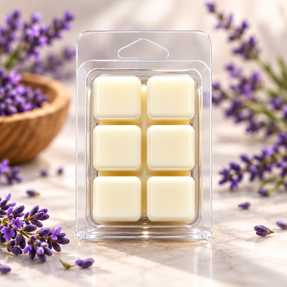 A clear plastic blister pack containing six pale cream wax melts or soap cubes, styled on a light marble surface with lavender sprigs and a wooden bowl in the background.