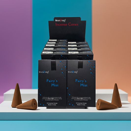 Stanford fairy's Mist Incense Cones packaging with cones on a colorful background