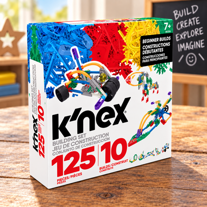 K'NEX 125-piece building set box, 10-piece motor drive set, and 7+ age rating sticker, displayed on a wooden tabletop with a blurred classroom background.