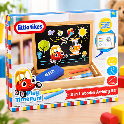Little Tikes 3 in 1 Wooden Activity Set box, featuring a wooden magnetic drawing board, colorful wooden blocks, and an eraser, displayed on a wooden table with a blurred background.