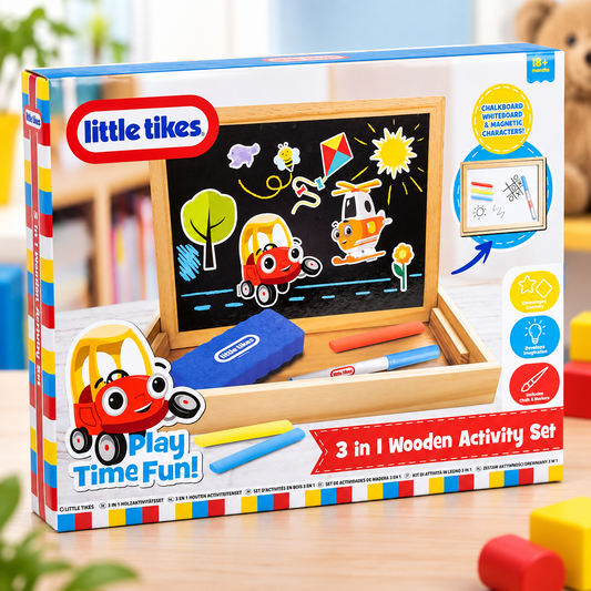 Little Tikes 3 in 1 Wooden Activity Set box, featuring a wooden magnetic drawing board, colorful wooden blocks, and an eraser, displayed on a wooden table with a blurred background.