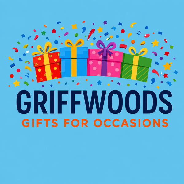 A flat vector graphic featuring four colorful wrapped gift boxes with confetti and streamers, above the text 'GRIFFWOODS' in dark navy and 'GIFTS FOR OCCASIONS' in orange, on a solid light blue background.