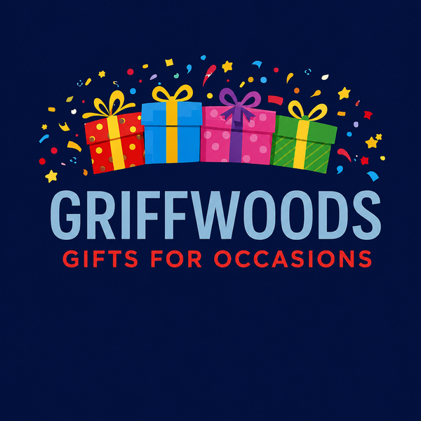 A dark navy graphic with colorful illustrated gift boxes, confetti, and the text 'GRIFFWOODS GIFTS FOR OCCASIONS'.