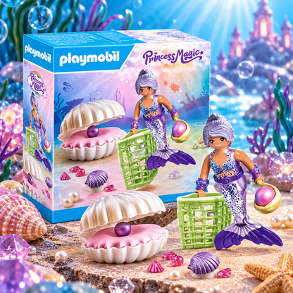 Playmobil Princess Magic mermaid toy set with a mermaid figure, clam shell, pearl, and green basket, shown next to its retail box on a sandy ocean floor with sea creatures and bubbles.