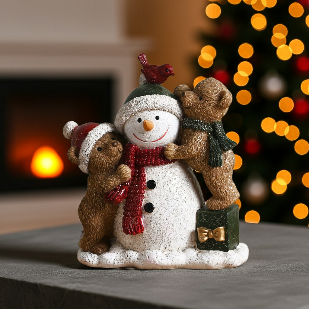 Snowman and Teddy Bears Scene Figurine