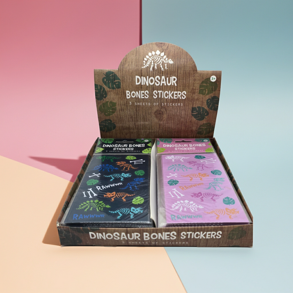 Box of dinosaur bones stickers with two selection available in pink or blue  on a colourful background