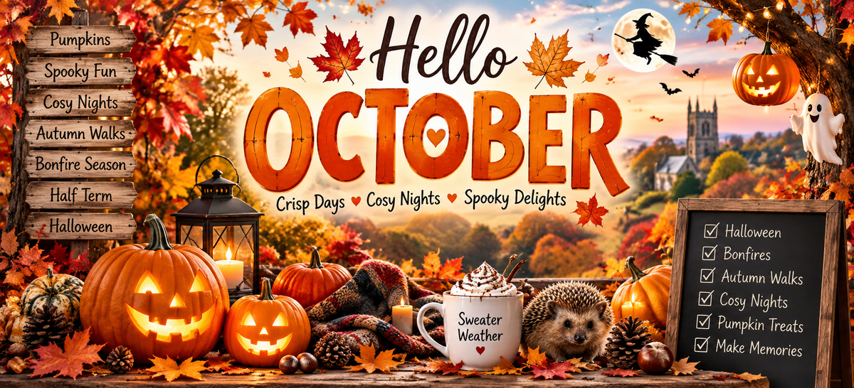 A Halloween-themed autumn landscape poster with large orange text reading 'Hello OCTOBER,' fall leaves, jack-o'-lanterns, a witch flying a broomstick, a mug labeled 'Sweater Weather,' and a checklist on a chalkboard. This is not a clean product shot, chart, swatch, or instruction image, and there is no single sellable physical product isolated; it reads as a digital promotional graphic, so subject_type is Other.