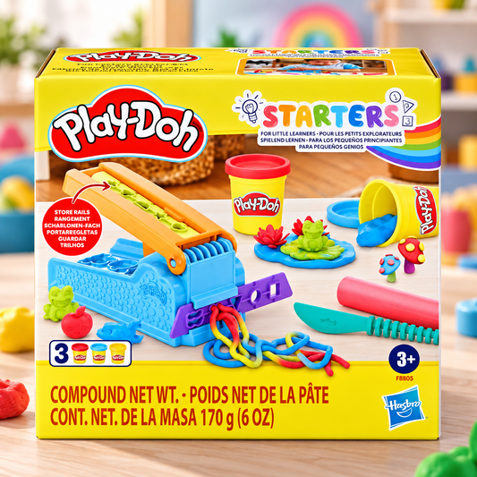 Play-Doh Starters Compound modeling clay set in its original yellow retail box, featuring a blue compound machine, clay tools, and colorful clay pieces pictured on the front.