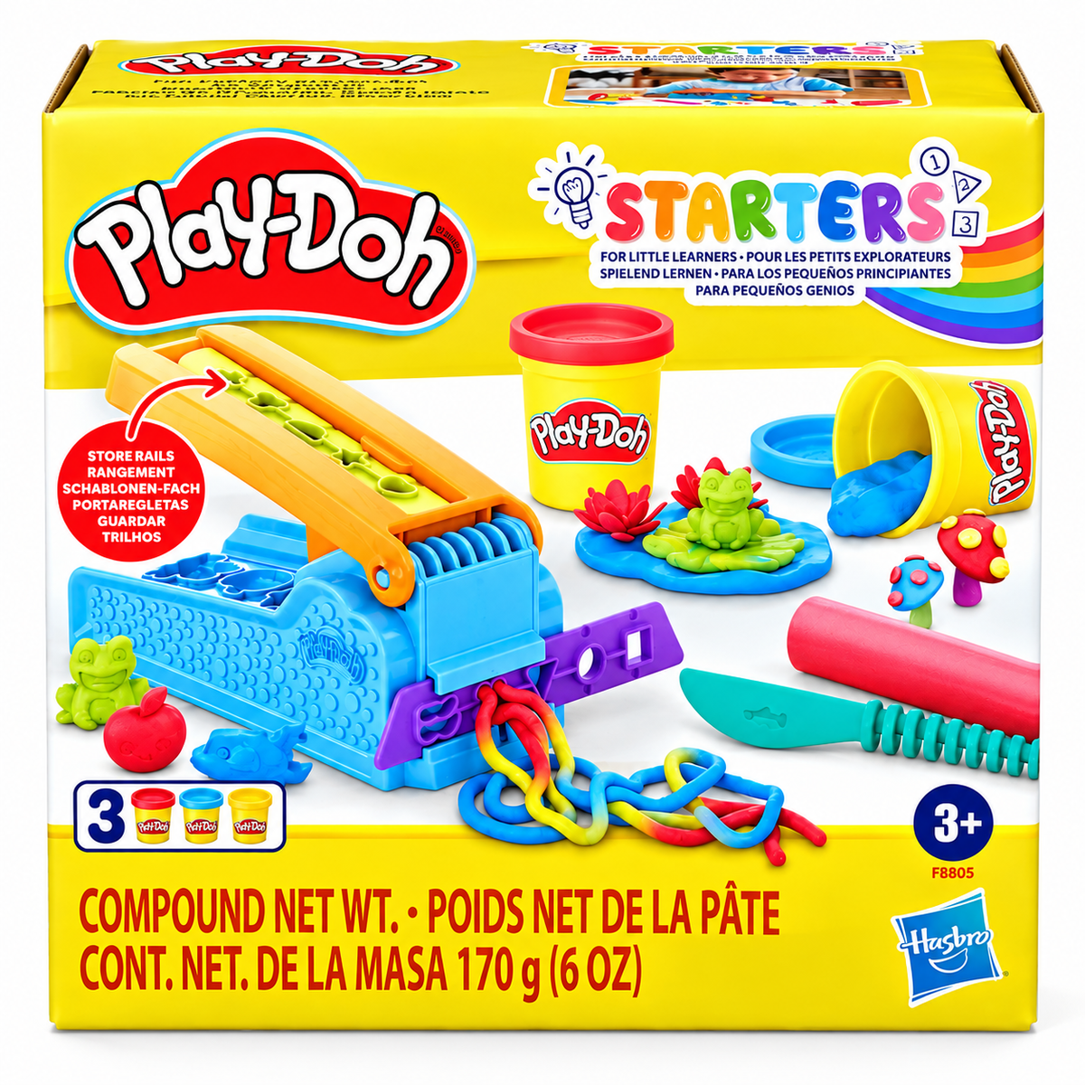 Play-Doh Starters Compound modelling clay set in its original yellow retail box, featuring a blue compound machine, clay tools, and colourful clay pieces pictured on the front. on a. white background