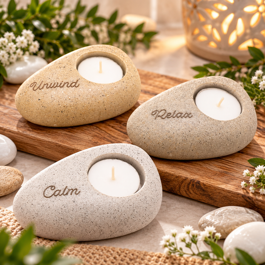 Three small stone-shaped tea light candle holders engraved with 'Unwind', 'Relax', and 'Calm', arranged on a wooden board with candles, flowers, and spa-style props in a softly lit setting.